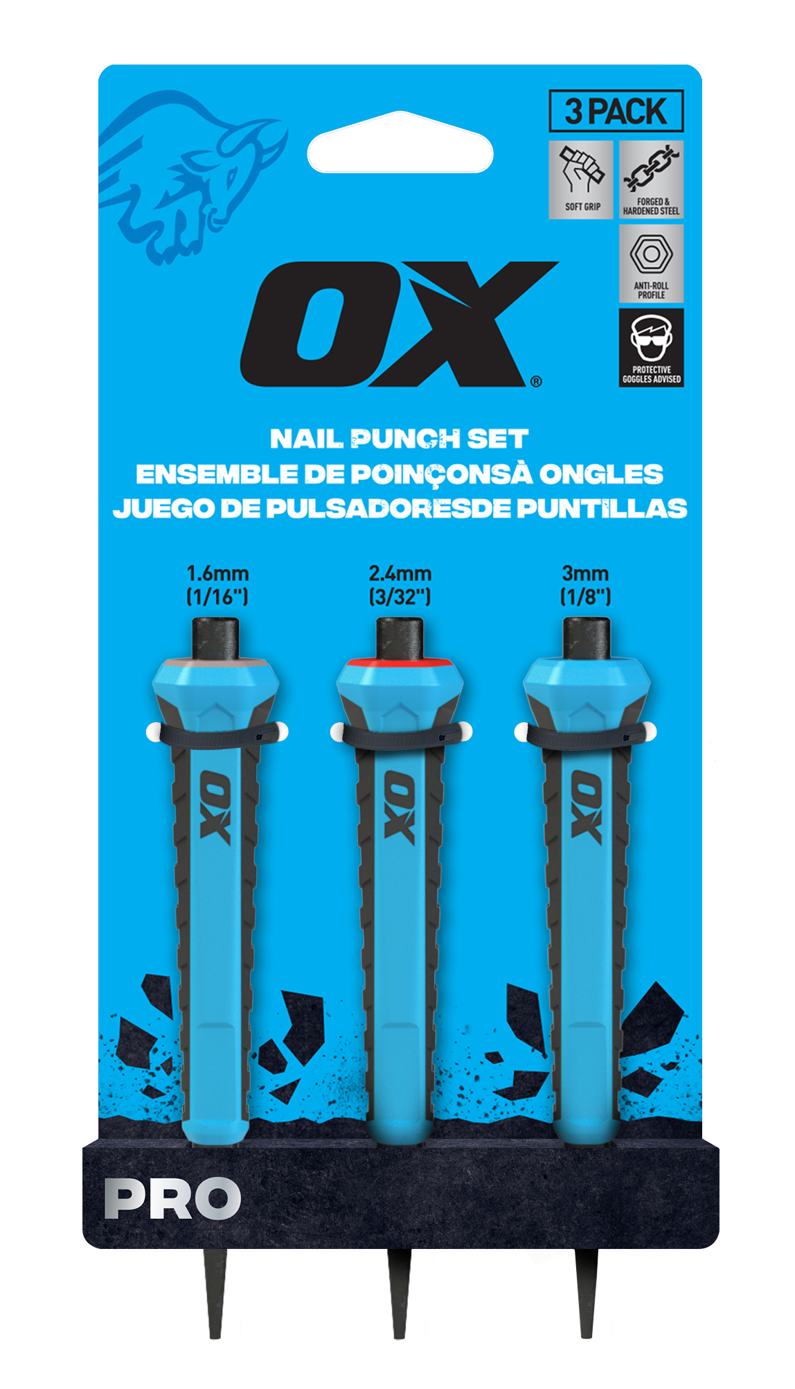 OX Pro Nail Punch w/ Grip 3-Pack - 1.6mm, 2.4mm, 3mm